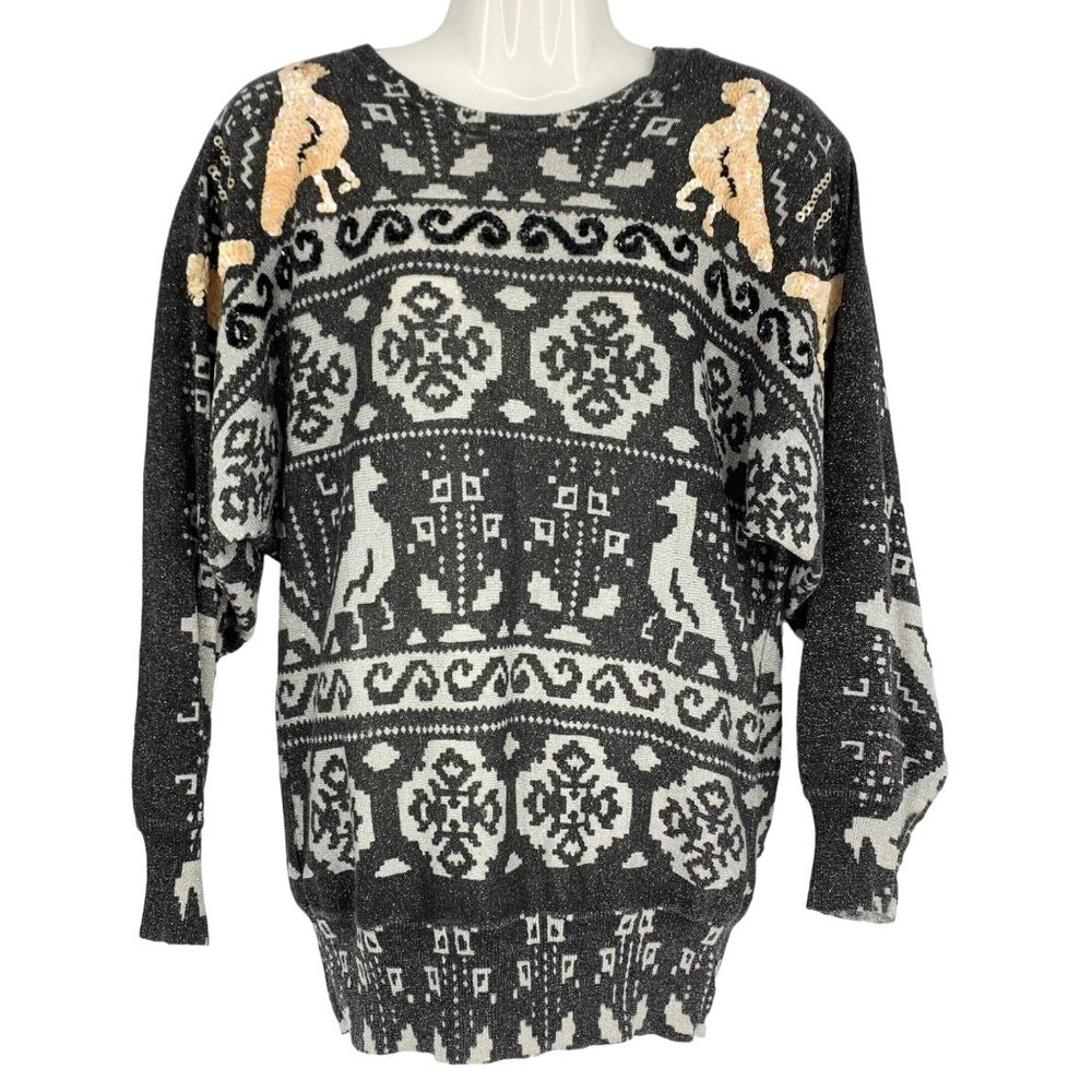 Vtg 80s Spree Intl Metallic Sequined Sweater S Shoulder Pad Statement Retro Glam